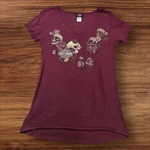 Harley-Davidson Skull Rose Graphic Tee V-Neck Top Biker Rocker Medium‎